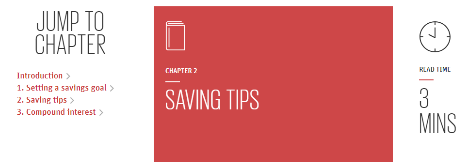 Image showing an example of the saving tips module, with chapter breakdown and overall lesson time.
