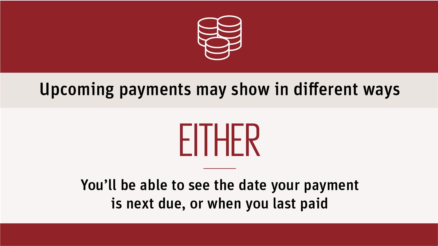 An image showing text reading Upcoming payments may show in different ways 